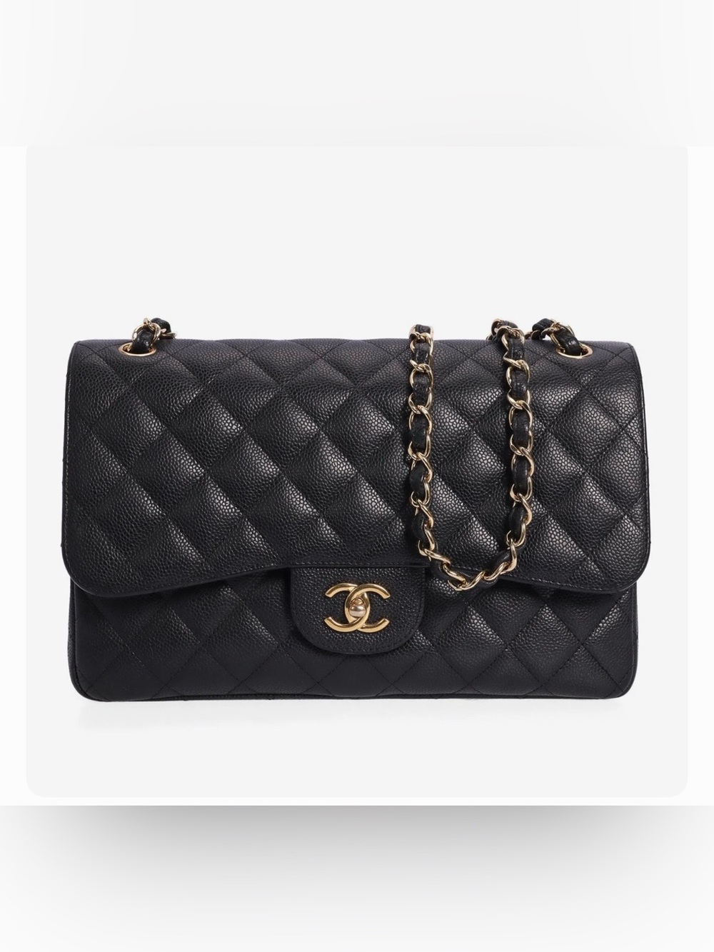 Preowned CHANEL Black Quilted Caviar Shoulder Bag with Gold Chain Jumbo size